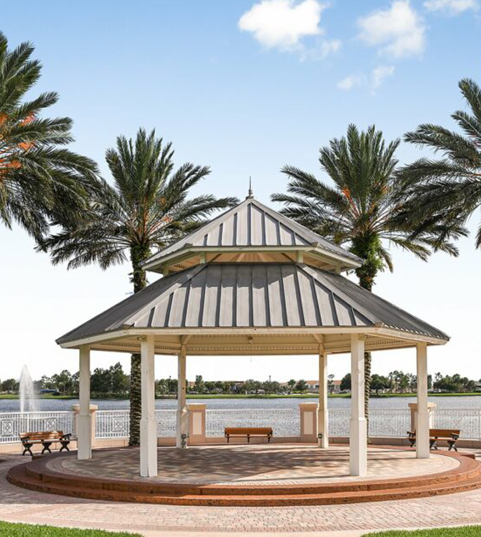 A picturesque view of Tradition in Port St. Lucie, showcasing its charming town square, ideal for those seeking homes for sale in Tradition, Port St. Lucie.